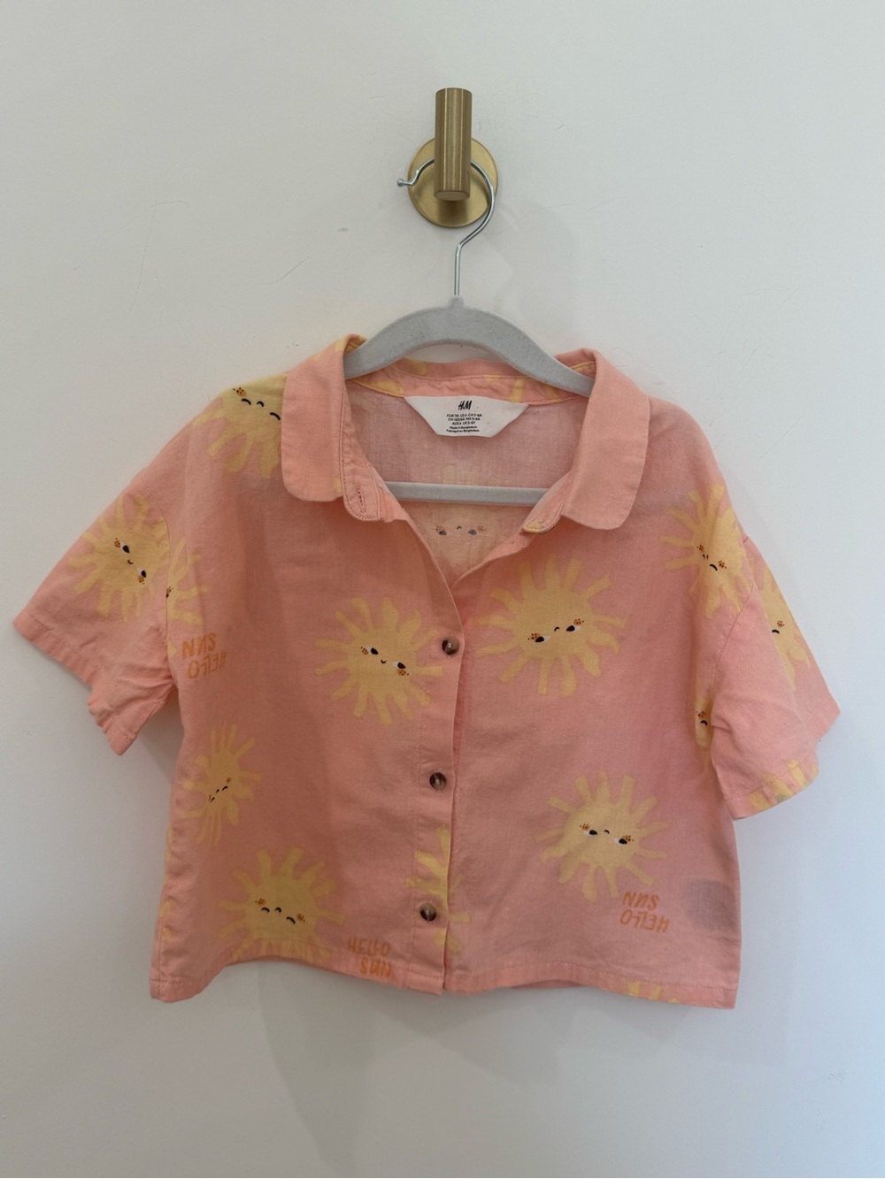 H&M Pink Short Sleeve Kids Button-Front Shirt with Yellow Sun Print